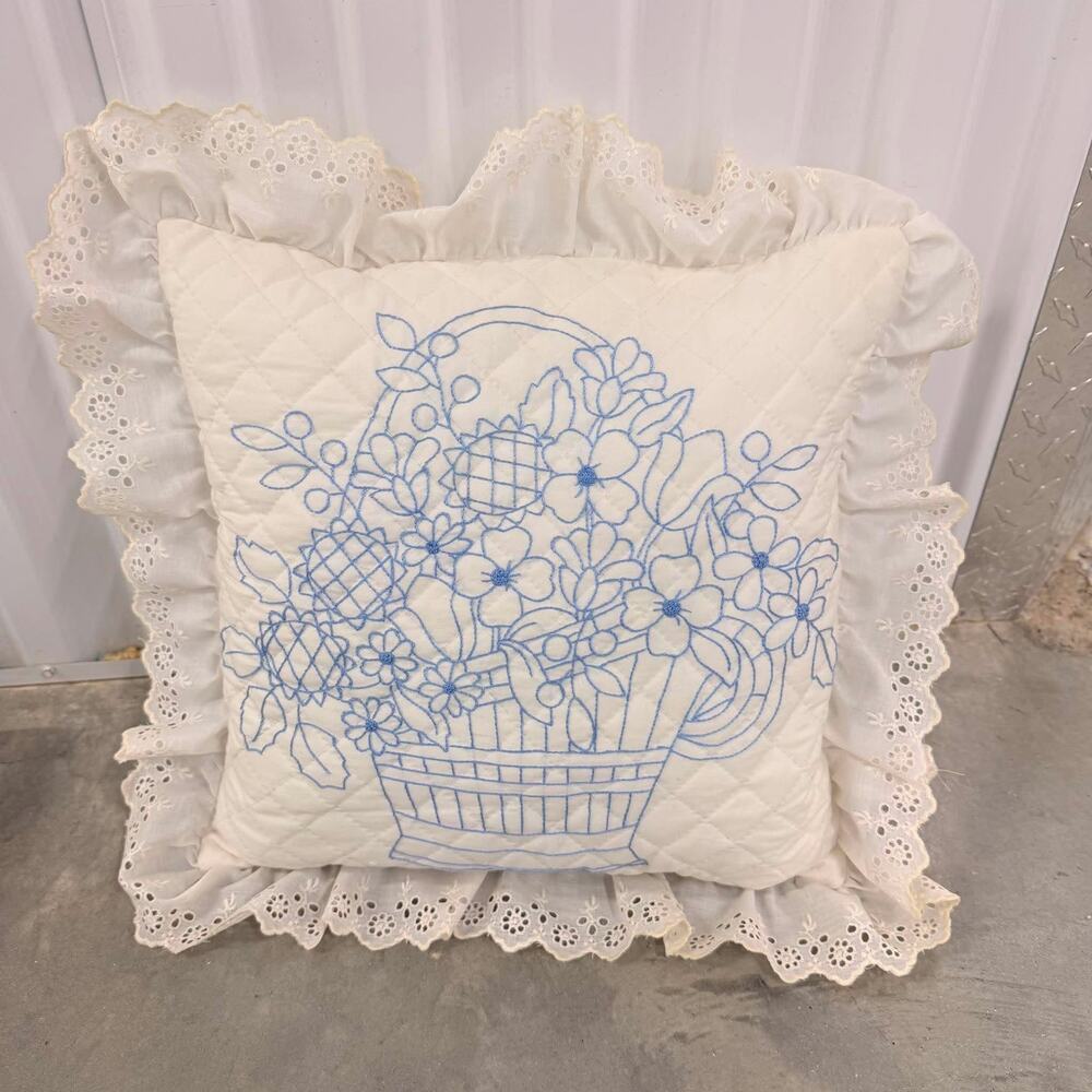 Vintage Blue White Embroidered Quilted Eyelet Ruffle Accent Pillow Basket